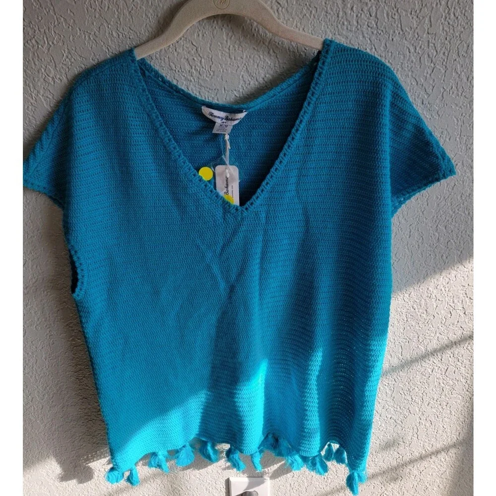 Tommy Bahama Womens M Aqua Linen Cotton Tassel Hem Tunic Swim Cover Up NWT